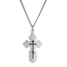 Eastern Orthodox Cross, Adult Baptism Gifts for Women, Sterling Silver with Blue Enamel and Stainless Steel Chain, 1 Inch Medal