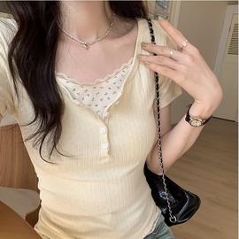 Women Lace Trim Y2K Cute Tshirt Coquette Floral Summer Ribbed Knit Crop Top Fairycore Baby Tees Cottagecore 90s Shirt (Beige,Large)
