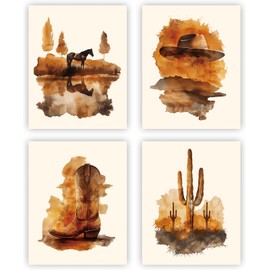 NIIORTY Western Cowboy Theme Wall Art, Horse Cowboy Hat Cowboy Boots and Cactus Vintage Decor for Man Cave Farmhouse Theme and Western Home Decor, Set of 4, 8x10 Inches Unframed