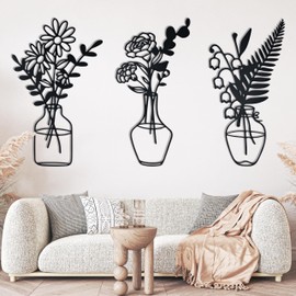 PANTIDE 3PCS Metal Flower Wall Decor Black Flower Vase Iron Decoration for Indoor Outdoor Modern Metal Floral Wall Sculpture for Patio Balcony Living Dinning Room Bathroom Bedroom Kitchen Office Decor