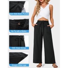 JASAMBAC Women's Linen Straight Flowy Beach Pants Loose High Waist Casual Trousers Perfect for Outgoing Beach Trip Work Black