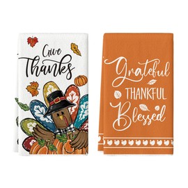 Artoid Mode Blessed Grateful Pumpkin Turkey Thanksgiving Kitchen Towels Dish Towels, 18x26 Inch Farmhouse Holiday Decoration Cleaning Set of 2