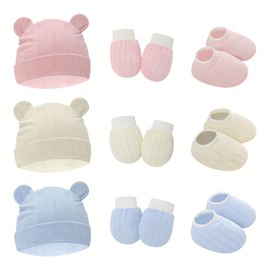 Taoluwin Baby Hats Mittens Socks Set, 3Pcs Cotton Infant Caps with 3 Pair Newborn Baby Mittens and Socks, Newborn Accessories Set (Bear Ear)