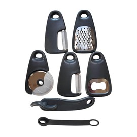 6-Piece Kitchen Gadget Set – Compact Camping Kitchen Tools with Grater, Julienne & Straight Peelers, Bottle Opener, Pizza Wheel & Tin Opener – Space-Saving Travel Set with Safety Covers