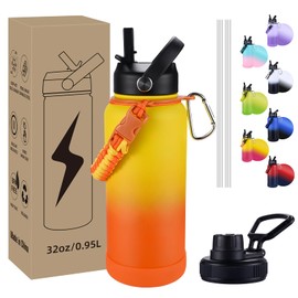 CoolSub Insulated Water Bottle, 32 oz Stainless Steel Wide Mouth Water Bottles with 2 Leak Proof Lid and Paracord Handle, Double Wall Vacuum Insulated Sports Water Bottle, Yellow Orange