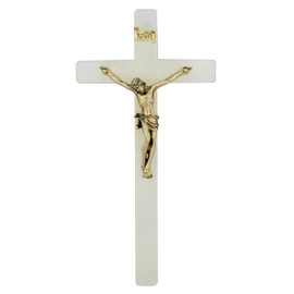 Crucifijo de pared de resina perlada iridiscente con cuerpo dorado | Gran regalo católico para bautizo, primera comunión y confirmación | Decoración cristiana del hogar | Fabricado en Italia