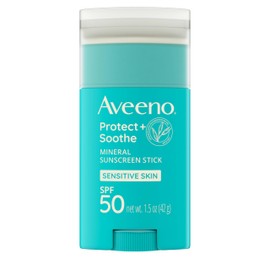 Aveeno Protect + Soothe Mineral Sunscreen Stick for Sensitive Skin, SPF 50, Water-Resistant for 80 minutes, Face & Body Sunscreen with Zinc Oxide & Oat, Fragrance-Free, Travel Size, 1.5 OZ