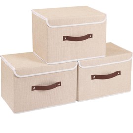 Yawinhe Storage Boxes with Lids 3 Pack, Collapsible Bin with Handle, for Organizing Clothes, 33x23x20cm, Beige, SNK018BE-S