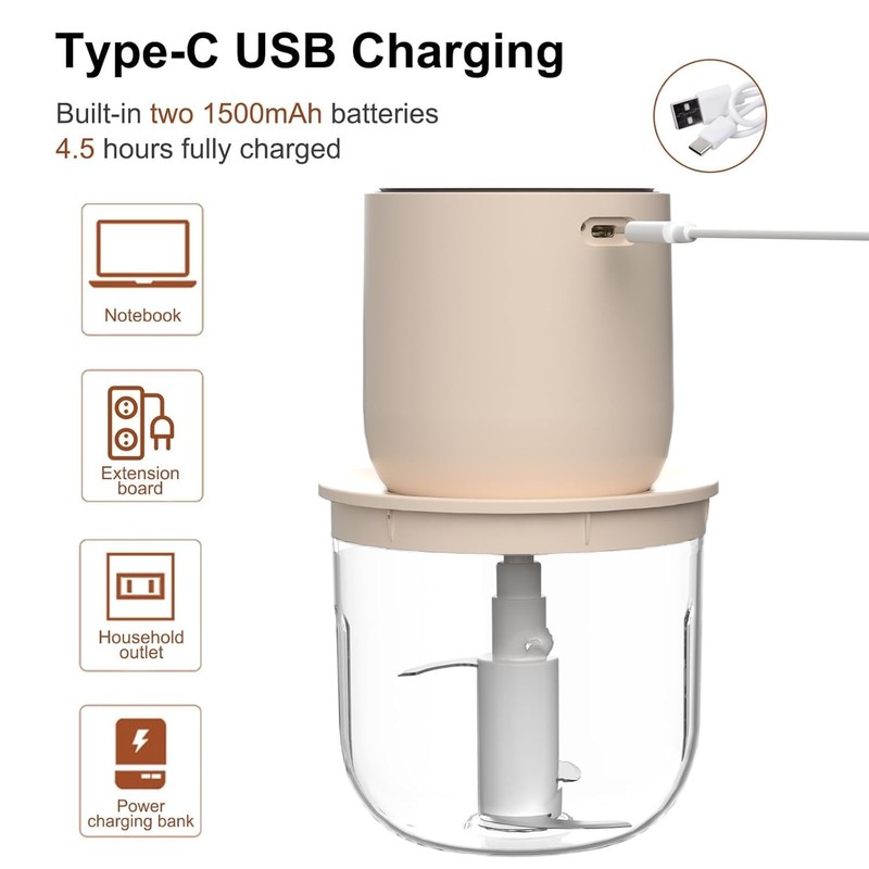 USB Charging Electric Food Processor - 600ML with 3 Additional
