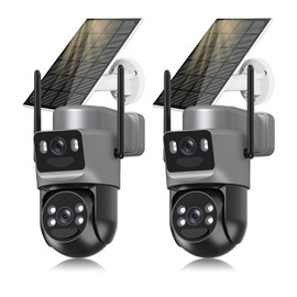 4K Solar Security Cameras Wireless Outdoor Battery Powered, 5GHz & 2.4GHz Dual Lens Bullet & 360°PTZ Linkage Outdoor Security Camera with Solar Panel, 8X Digital Zoom Color Night Vision (Silver 2Pack)