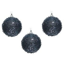 KAE Set of 3 Round Sparkly Glitter/Sequin Christmas Tree Foam Bauble/Decoration - 8cm - Midnight Blue, Green or Black (Midnight Blue)