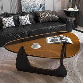 PRITIY Triangle Glass Coffee Table-Mid-Century Modern End Table Solid Wood Base & Vintage Tempered Transparent Glass Top Coffee Tables Living Room Balcony (Black/Brown, Small 32.2 * 22.4 * 16in)
