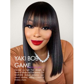 LUVME HAIR 14 Inch Light Yaki Straight Bob Wig with Bangs Human Hair Realistic HD Lace Short Black Bob Wigs, Ready to Go Blunt Cut Bob Wig Glueless 180 Density