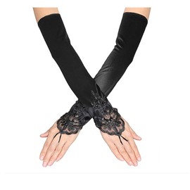 SUNTRADE Women's Lace Satin Bridal Party Fingerless Gloves Sequins Elegant (Black)