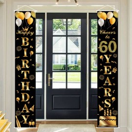 POPOYU Happy 60th Birthday Door Banner Party Decorations,Black Gold Fabric 60th Birthday Door Porch Sign Banner for boys Girls Women Men 60 Years Old Birthday Party Indoor Outdoor Decor Supplies