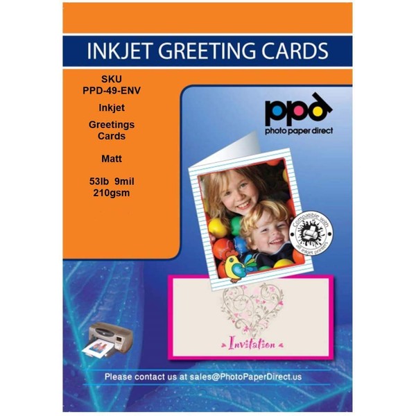 PPD Inkjet Large Matte Photo Quality Printable Greeting Cards LTR 8.5x11" folding to 5.5 x 8.5" 53lbs 210gsm 9mil With Envelopes x 50 Sheets (PPD049-50-Env)