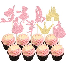 Ephlyn 24Pcs Mermaid Princess Cupcake Toppers Glitter Princess Castle Girl Birthday Cupcake Picks for Princess Mermaid Theme Baby Shower Girl Birthday Party Supplies Pink