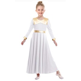 ZYACTU Long Sleeve Praise Dance Dress for Girls Metallic Liturgical Worship Dance Costumes Lyrical Costume Church Robe Tag 150,White, 11-12 Years
