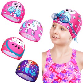 4 Pieces Swim Cap for Kids Fabric Swimming Hat Waterproof Elastic Swim Caps for Long Hair and Short Hair (Lovely Style)