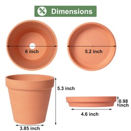 6 inch Terracotta & Clay Pots for Plants with Saucer, Medium Terra Cotta Plant Pots with Drainage Hole, Flowerpot with Tray, Terracotta Pot for Indoor Outdoor Plant - Pack of 4 Planters