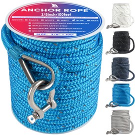 VEITHI Anchor Rope 100 ft x 3/8 inch Blue, Double Braided Anchor Line with Stainless Steel Thimble & Shackle, Boat Rope with Reflective Strip Ideal for Towing,Mooring,Anchoring,for Boats Up to 27'