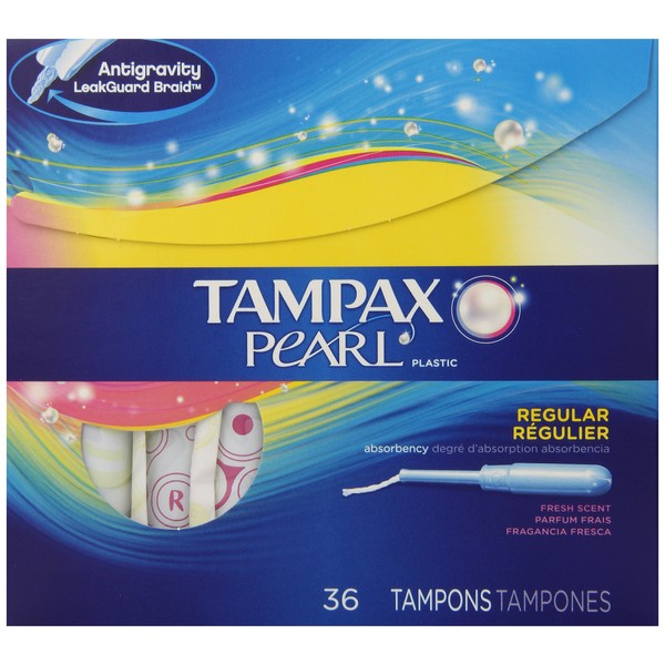 Tampax Pearl Plastic Fresh Scent Tampons, Regular Absorbency, 36-Count (Pack of 6)