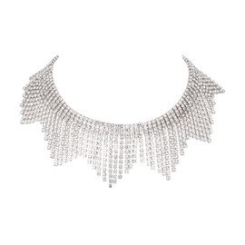 EVER FAITH Rhinestone Crystal Tassel Fringe Chain Necklace Summer Club Accessories Sparkly Choker Silver, Crystal, Rhinestone