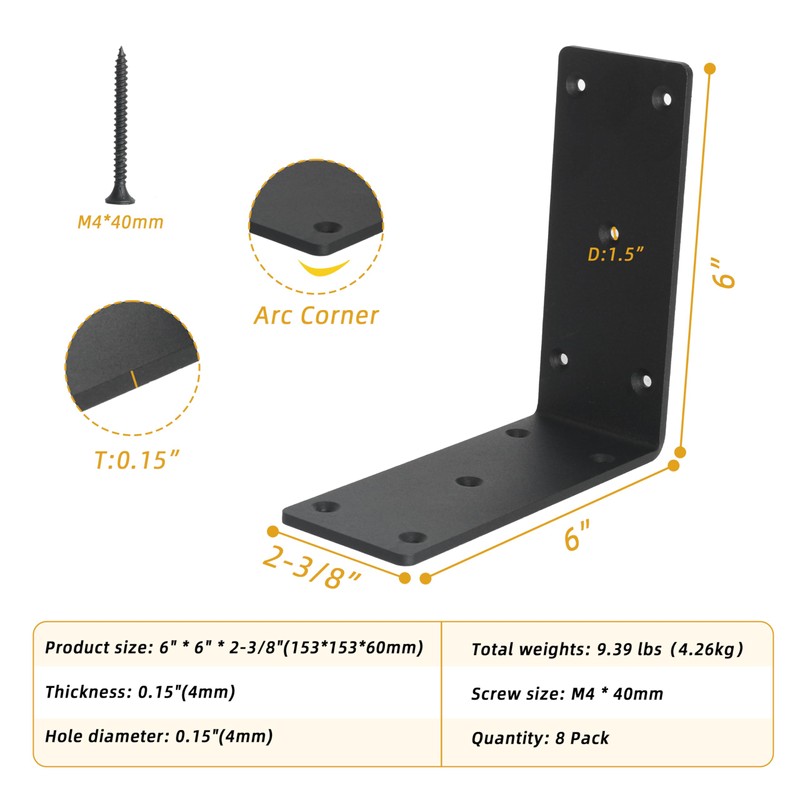 8-Pack 6" x 6" x 2⅜" L Right Angle Bracket,