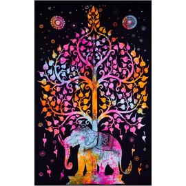 Tie Dye Mandala Tapestries Home Decor Wall Hanging Tapestry Indian Hippie Elephant, yin yang, Dream catcher, Wolf Bohemian Boho Multicolour Cloth Wall Art 140 x 200 cms (Multi tree elephant)