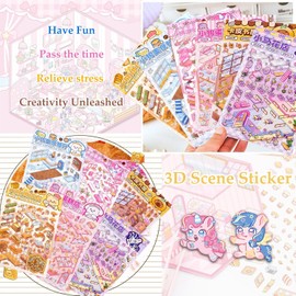 Girls 3D Miniature Scene Stickers, 6 Sets World Travel DIY House Stickers for Museun, Hotel, Magic House, Drive-In Restaurant, Cute 3D Cartoon Sticker Scenes for Adult Kids Relief Stress Pass The Time
