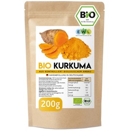 EWL Naturprodukte Organic Turmeric Powder, 200 g, Turmeric Organic Powder, Finely Ground Turmeric Powder from Controlled Organic Cultivation