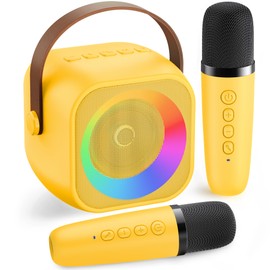 Mini Karaoke Machine for Kids Adults：Portable Bluetooth Karaoke Speaker with 2 Wireless Microphones and Lights for Home Party, Christmas Birthday Gifts for 4-12+ Years Old Girls Boys(Yellow)