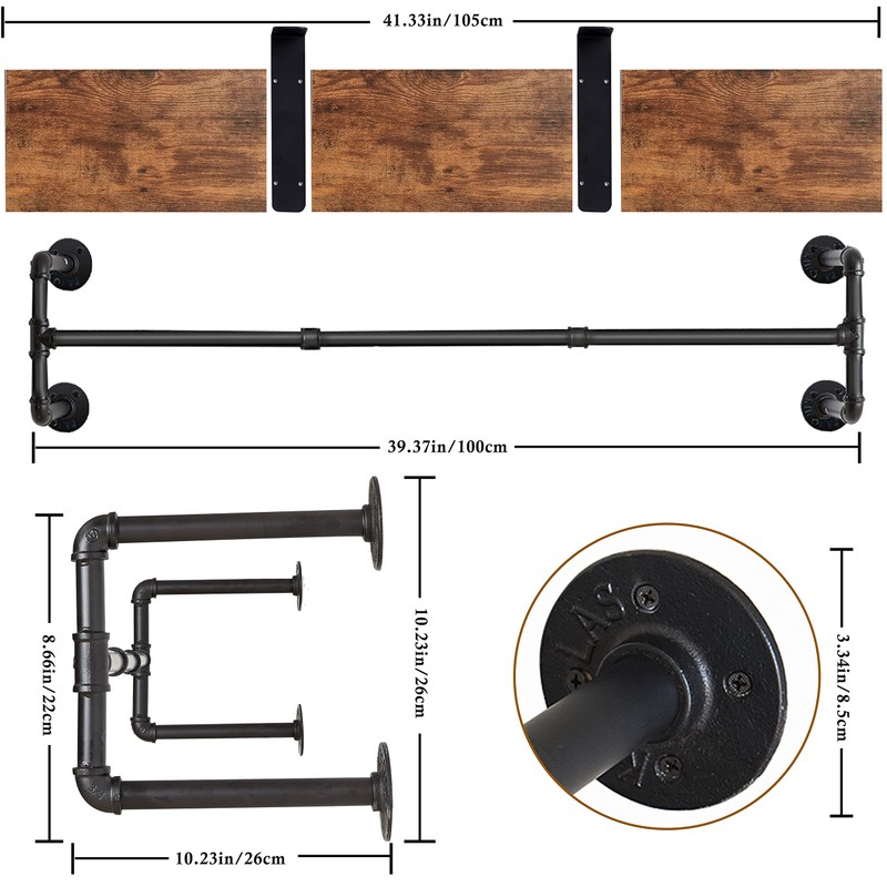 Yawinhe Industrial Pipe Clothes Rack with Top Shelf, Wall Mounted