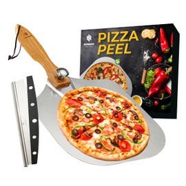 ASHNAEEM Premium Pizza Peel (12''X 14'') Aluminum Metal Pizza Paddle with Cutter | Pizza Spatula with Foldable Wooden Handle for Easy Storage | Pizza Spatula Paddle for Indoor & Outdoor