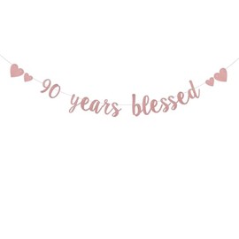 DONGLYJL Glitter Rose Gold 90 years blessed Banner, Pre-Strung,90th Birthday/Wedding Anniversary Party Decorations Bunting Sign Backdrops,90 years blessed