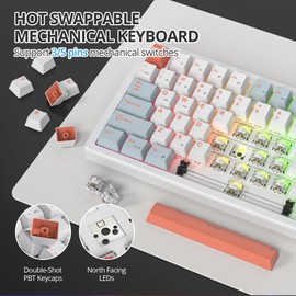 iRoboosta 75% White Blue Creamy Mechanical Keyboard Wired, Creamy Sound Gasket Gaming Thocky Keyboard with Knob, Hot Swappable RGB Custom Keyboard, Pre-lubed Cream Switch Keyboard (82 Light Blue)