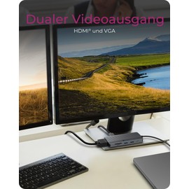 ICY BOX USB-C Docking Station (10-in-1) with 1x HDMI (4k 60Hz), 1x VGA (2k 60Hz), 3x USB-A, 1x USB-C, SD/microSD Card Reader, Gigabit Ethernet, 100W Power Delivery, Aluminium Housing, IB-DK4040a-CPD