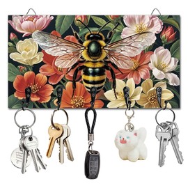 DELORIGIN Bee Flowers Key Holder Key Hooks Wall Mounted Wooden Key Racks with 5 Hooks Key Storage Organizer House Key Hanger for Wall Decor Door Entryway Hallway Kitchen New Home Gift