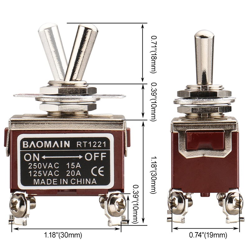 Baomain 1-Pack Toggle Switch RT1221, ON-Off DPST 4-Pin 15A/250V AC