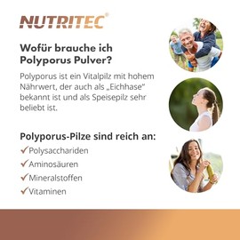 Nutritec Nutritec Polyporus medicinal mushroom 120 capsules high dosage, dietary supplement with oak hare powder and acerola extract, vegan, without additives
