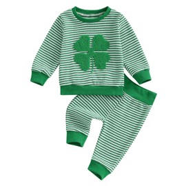 Karuedoo Infant Toddler Baby Boy Girl St Patricks Day Outfit Clover Embroidery Stripe Long Sleeve Sweatshirt and Pants Set (Four Leaf Clover Green, 12-18 Months)