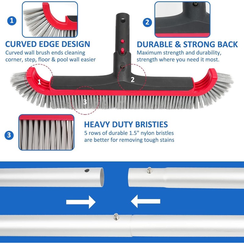 Swimming Pool Brush with Pole - 17.5" Wall Brush with