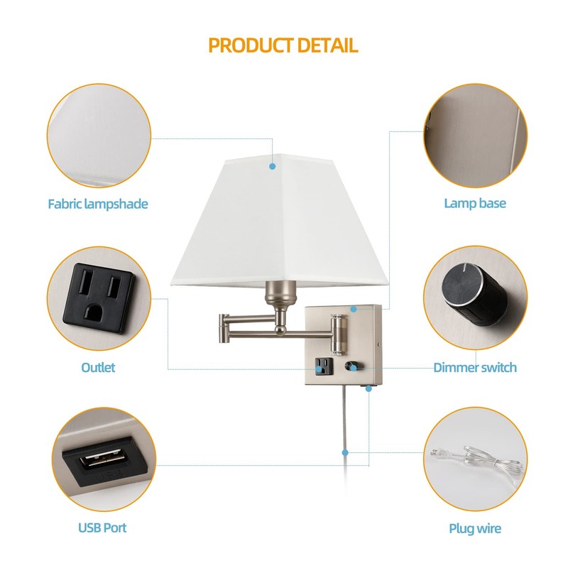 Plug in Wall Light,Swing Arm Wall Sconces with USB Port