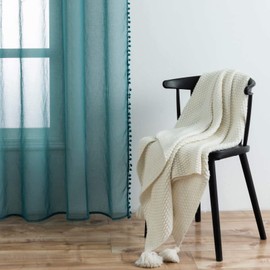 MISS SELECTEX Linen Look Pom Pom Tasseled Sheer Curtains - Rod Pocket Voile Semi-Sheer Curtains for Living and Bedroom, Set of 2 Curtain Panels (52 x 95 inch, Teal)