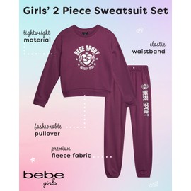 bebe Girls' Sweatsuit Set - 2 Piece Performance Fleece Pullover Sweatshirt and Jogger Sweatpants Set for Girls (Sizes: 7-12), Size 7-8, Dark Rose