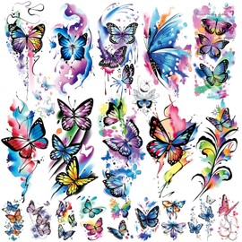 79 Sheets Watercolour Butterfly Temporary Tattoos Set, 15 Large and 64 Small Colourful Fake Tattoos Stickers for Women Girls 3D Realistic Sexy Tattoo for Sticking Carnival