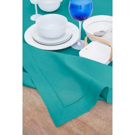 Solino Home Teal Linen Tablecloth - Classic Hemstitch 100% Pure Linen Table Cloth 60 x 90 Inch - Machine Washable Rectangle Tablecloth for Wedding, Parties, Spring, Mothers Day, Easter Decorations