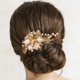 BETITETO Bridal Gold Hair Clips Metal Flower Leaf Pearl Wedding Hair Piece Accessories for Women Girls