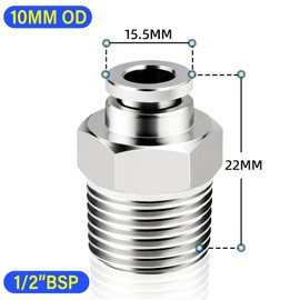 TAILONZ PNEUMATIC Male Straight 10mm Tube OD x 1/2 Inch BSP Thread Push to Connect Fittings Copper Nickel Plating TPC10-04 (Pack of 5)