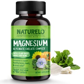 NATURELO NATURELO Magnesium Glycinate Chelate Complex - 200 mg Magnesium with Organic Vegetables to Support Sleep, Calm, Muscle Cramp & Stress Relief - Gluten Free, Non GMO - 240 Capsules